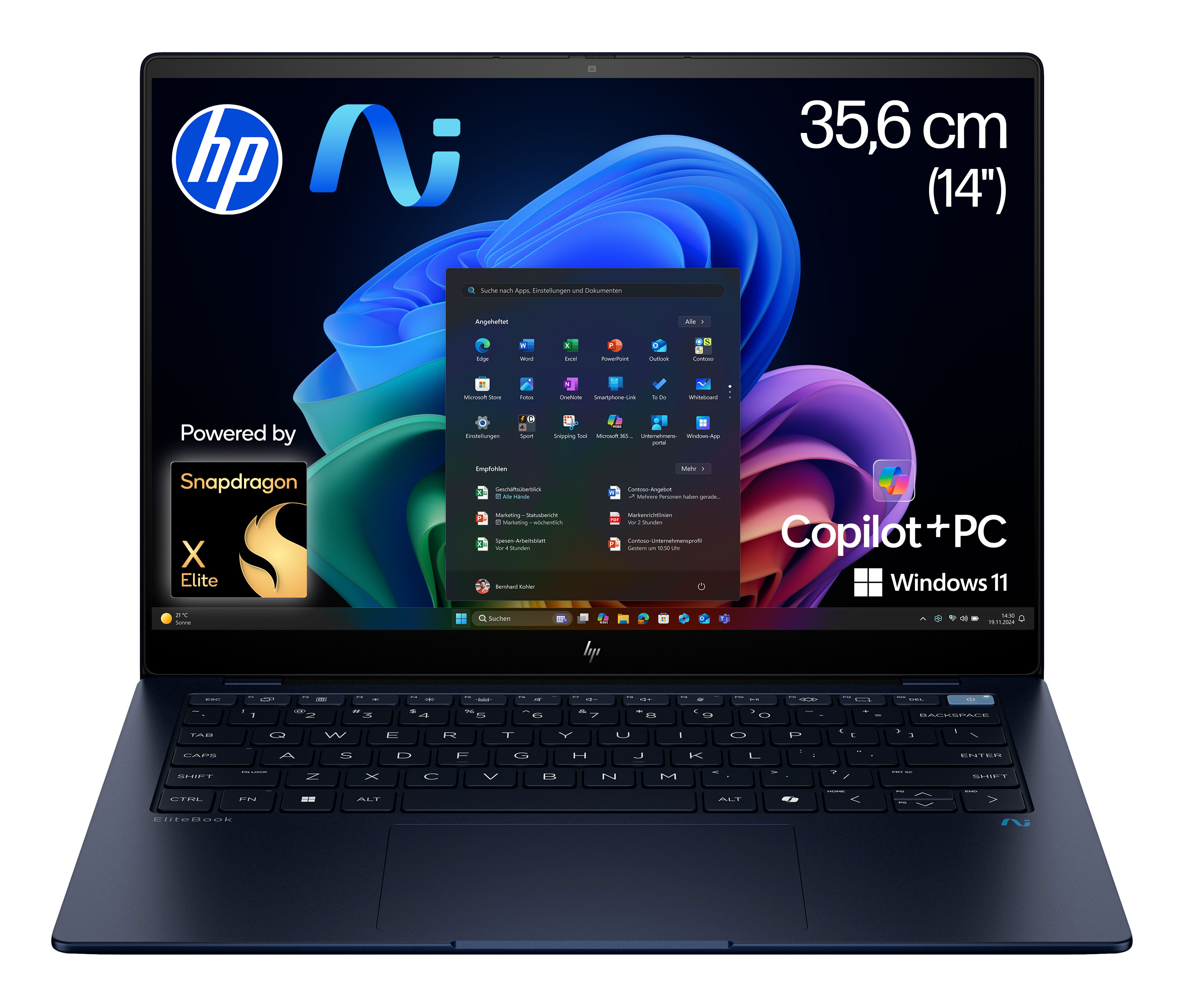 HP EliteBook Ultra G1q KI Laptop Qualcomm Snapdragon X1E-78-100 (14") Touchscreen 2.2K 16 GB LPDDR5x-SDRAM 1 TB SSD Windows 11 Pro Copilot+ PC Blau  (A26TLEA#ABD)