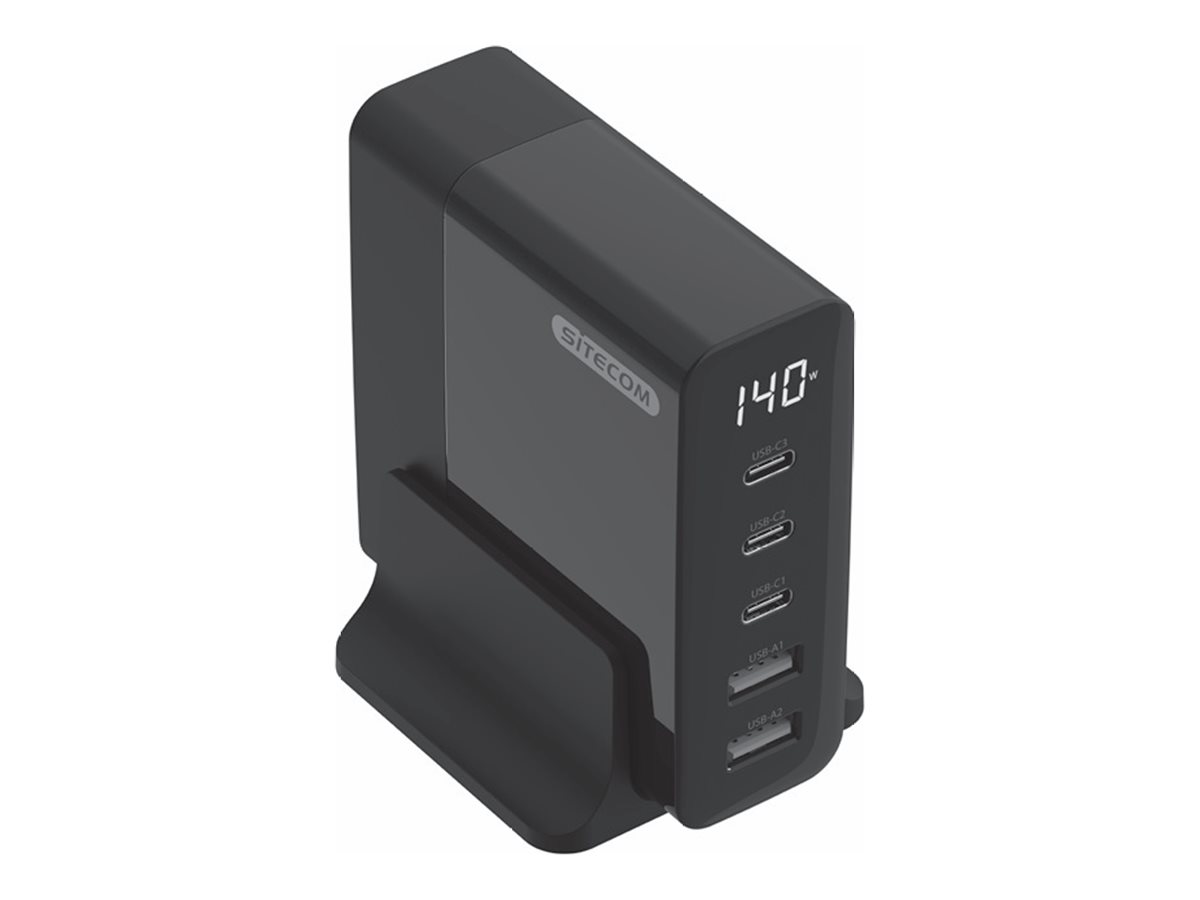 Sitecom CH-1004 GaN Netzteil 140 W mit LED-Display 2x USB-A 3x USB-C PD Schwarz
