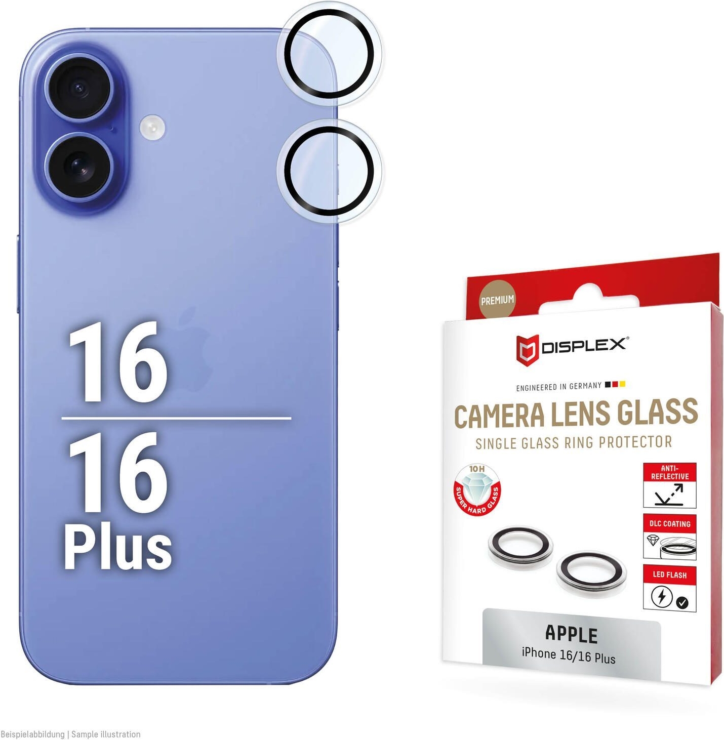 DISPLEX Premium Camera Lens Glass, iPhone 16/16 Plus Einzelringe (2122)