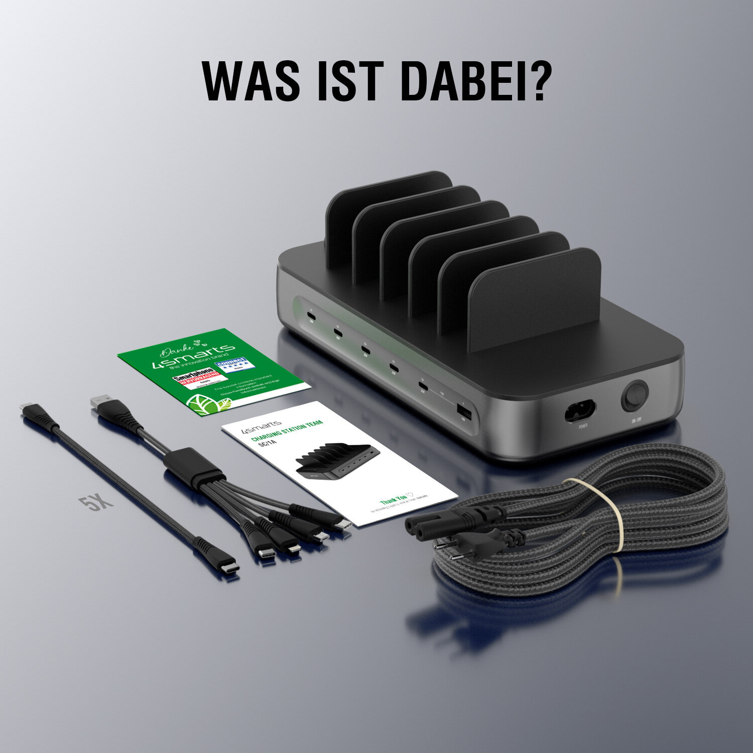 4smarts Ladestation Team 100W 5C/1A inkl. 6 Kabel Schwarz