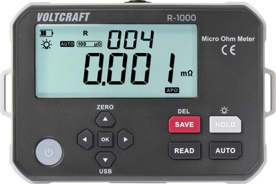 Voltcraft R-1000 Mikroohmmeter   <br><br>R-1000 Micro Ohm Meter<br><br>Messbereich: 1 ?? - 300,0 k?<br>Misst den Widerstand von Leitern, Schaltern, Verbindern, Sch?tzen, Sicherungen, Spulen und Transformatoren<br>4-Draht-Messung<br>Messgeschwind (VC-17072200)