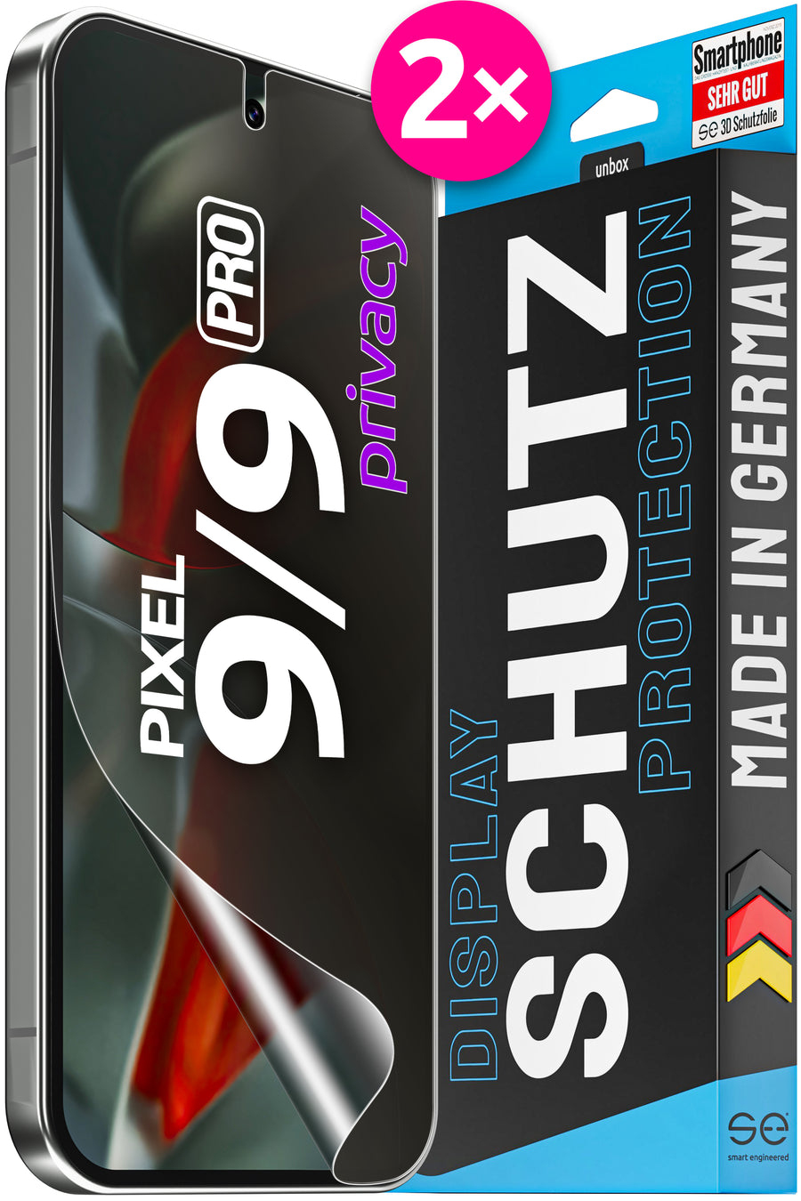 smart.engineered SE 3D Schutzfolie Google Pixel 9 / 9 Pro 6.3" Privacy (2 Stück) Transparent