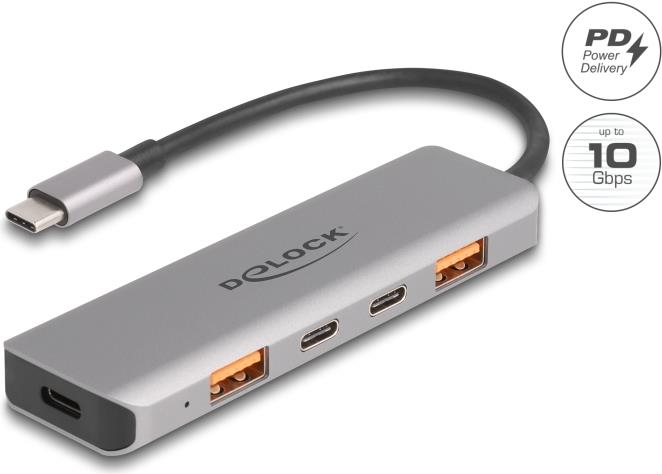 Delock USB 10 Gbps 2 Port Typ-A+ 2 Type-C Hub mit Anschluss und PD (64302)