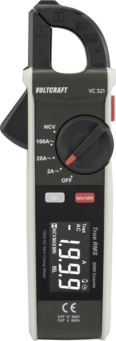 Voltcraft VC-321 Stromzange CAT II 600 V CAT III 300 V AC bis 100 A True RMS 2000 Counts