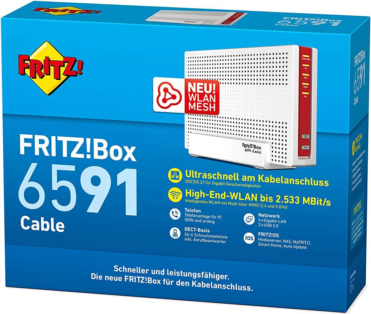 AVM Fritz!Box 6591 Cable WLAN AC + N Router (DOCSIS-3.1-Kabelmodem, Dual-WLAN Ac+N (MU-MIMO) mit 1.733 (5 GHz) + 800 Mbit/S (2, 4 GHz), VoIP-Telefonanlage) (20002857) - Sonderposten