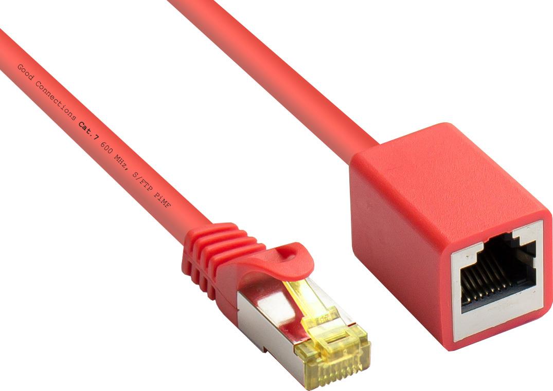 RJ45 Patchkabelverlängerung mitCat.7 Rohkabel und Rastnasenschutz (RNS®), S/FTP, PiMF, halogenfrei, 600MHz, OFC, rot, 1m, Good Connections® (8070VR-010R)