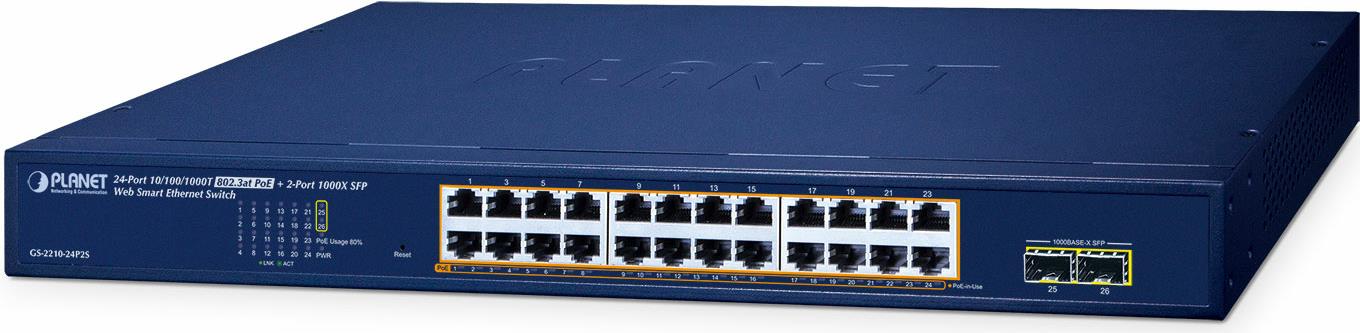 PLANET 24-Port 10/100/1000T 802.3at PoE + 2-Port 1000X SFP Web Smart Ethernet Switch (260W PoE Budget (GS-2210-24P2S)