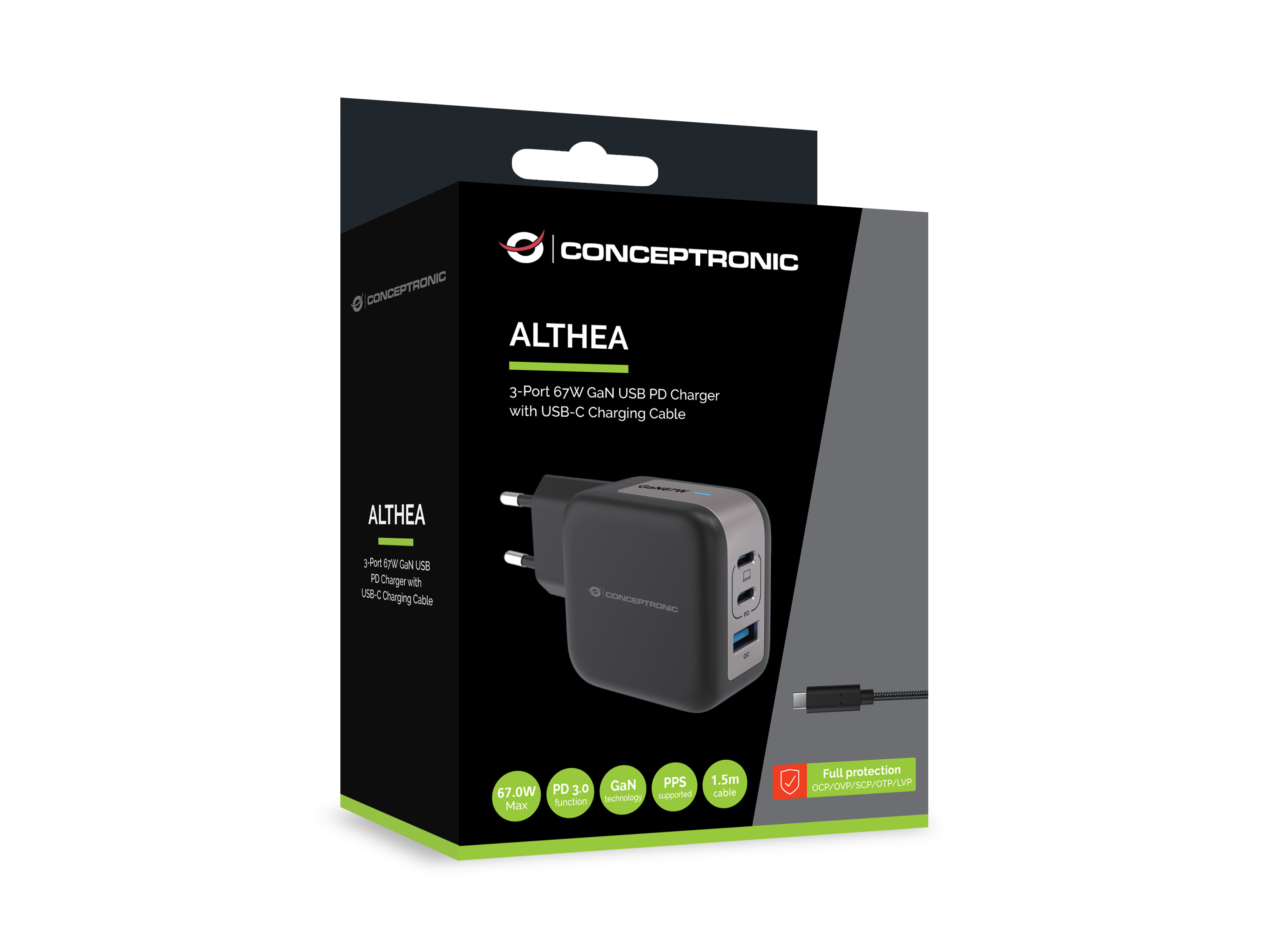 Conceptronic ALTHEA17B GaN Schnellladegerät 67W 2x USB-C 1x USB-A Schwarz