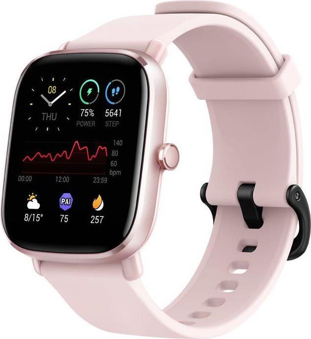 Amazfit GTS 2 mini. Bildschirmdiagonale: 3,94 cm (1.55 ), Display-Typ: AMOLED, Bildschirmauflösung: 354 x 306 Pixel, Touchscreen. Batteriekapazität: 220 mAh. Gewicht: 19,5 g. Wasserdicht bis: 50 m, Bandmaterial: Silikon, Armbandfarbe: Pink (A2018)