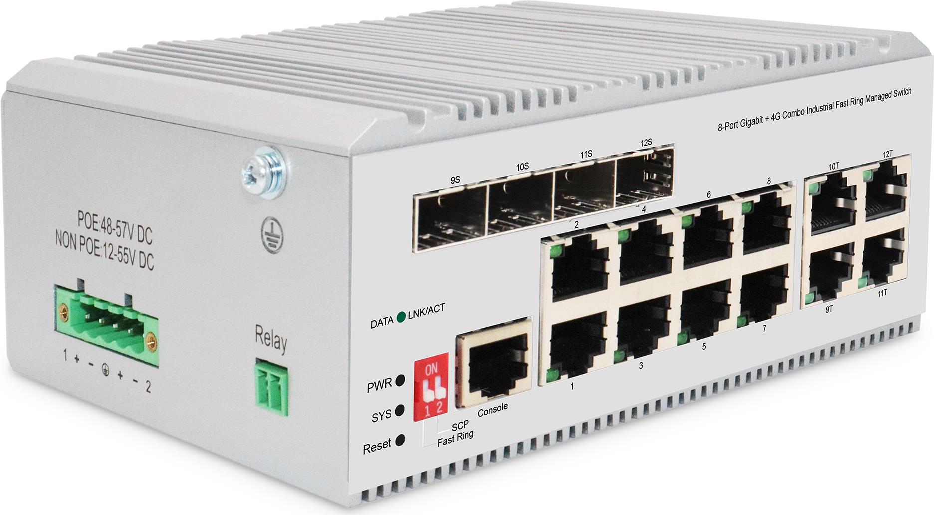 Digitus 8 Port Gigabit Ethernet Netzwerk Switch, Industrial, L2 managed, 4 SFP Uplink. Switch-Typ: Managed, Switch-Ebene: L2. Basic Switching RJ-45 Ethernet Ports-Typ: Gigabit Ethernet (10/100/1000), Anzahl der basisschaltenden RJ-45 Ethernet Ports: 8, Konsolen-Port: RJ-45. Vollduplex. MAC-Adressentabelle: 8000 Eintragungen, Routing-/Switching-Kapazität: 24 Gbit/s. Netzstandard: IEEE 802.3, IEEE 802.3ab, IEEE 802.3u, IEEE 802.3x, IEEE 802.3z. DC input Spannung: 12 - 55 V (DN-651145)