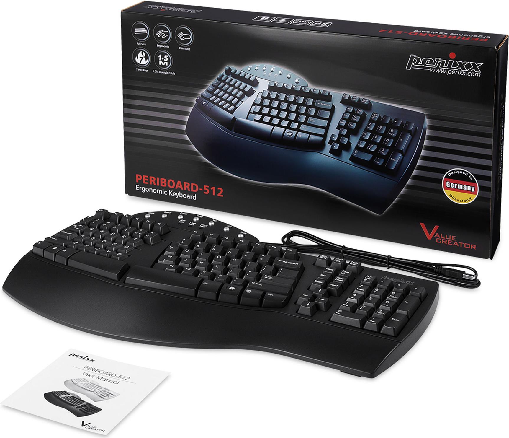 Perixx Periboard-512 Ergonomische USB-Tastatur QWERTZ Schwarz