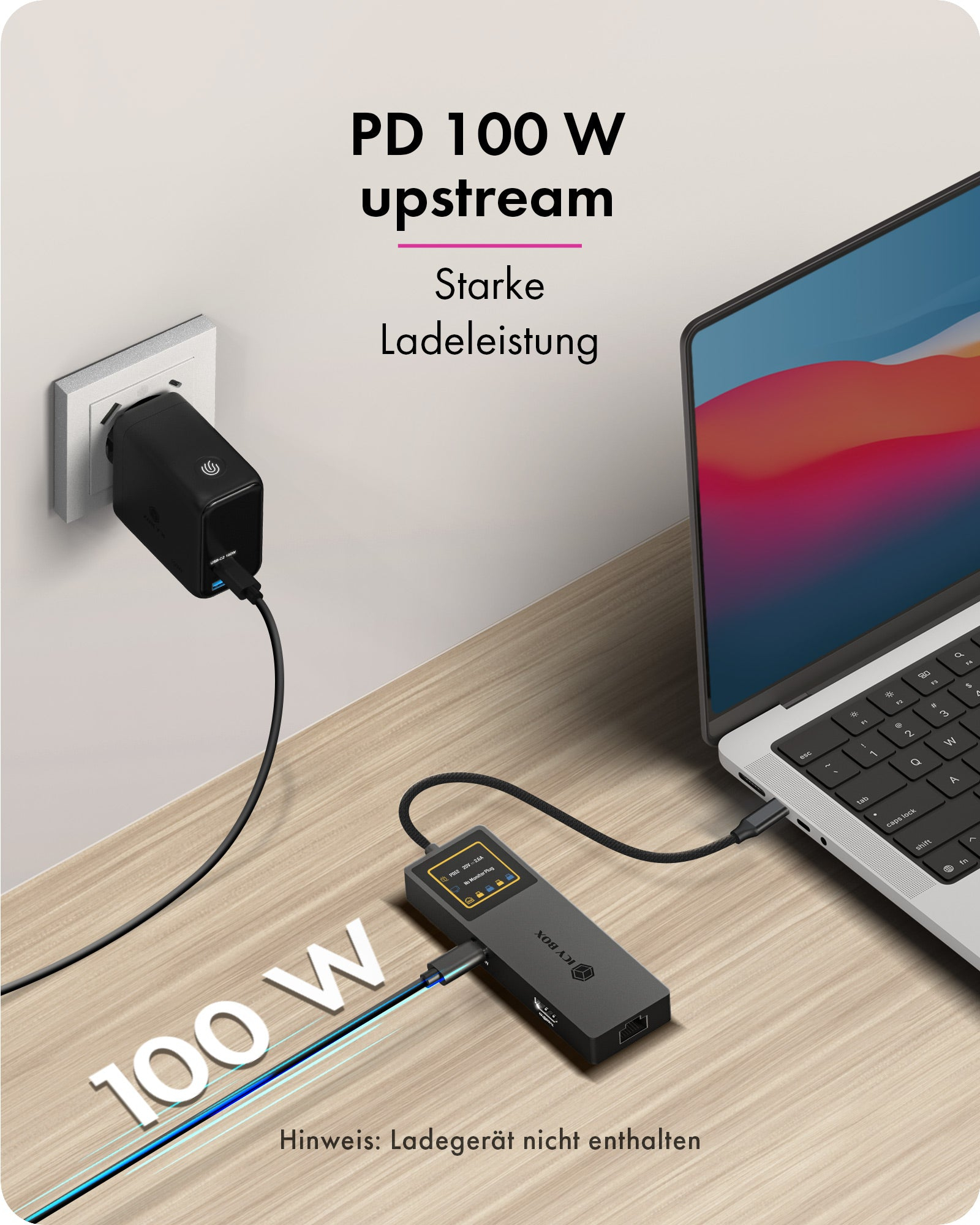 ICY BOX Spade Dock 4038 Dockingstation 7-in-1 USB-C HDMI RJ-45 100 W PD Schwarz