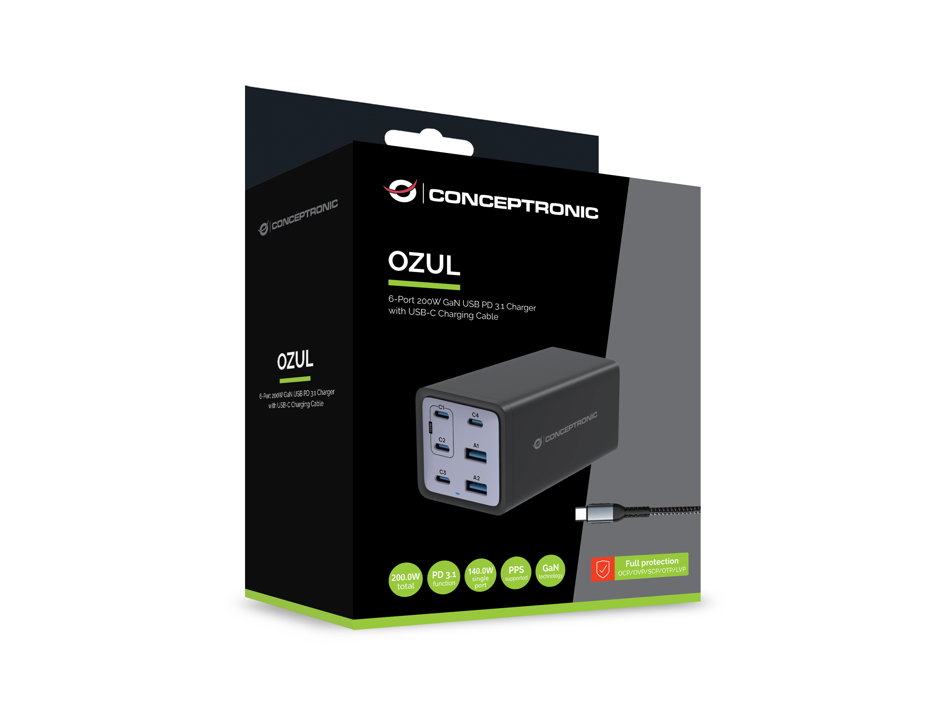 Conceptronic OZUL06BE Ladegerät 200W GaN 4x USB-C 2x USB-A Schwarz