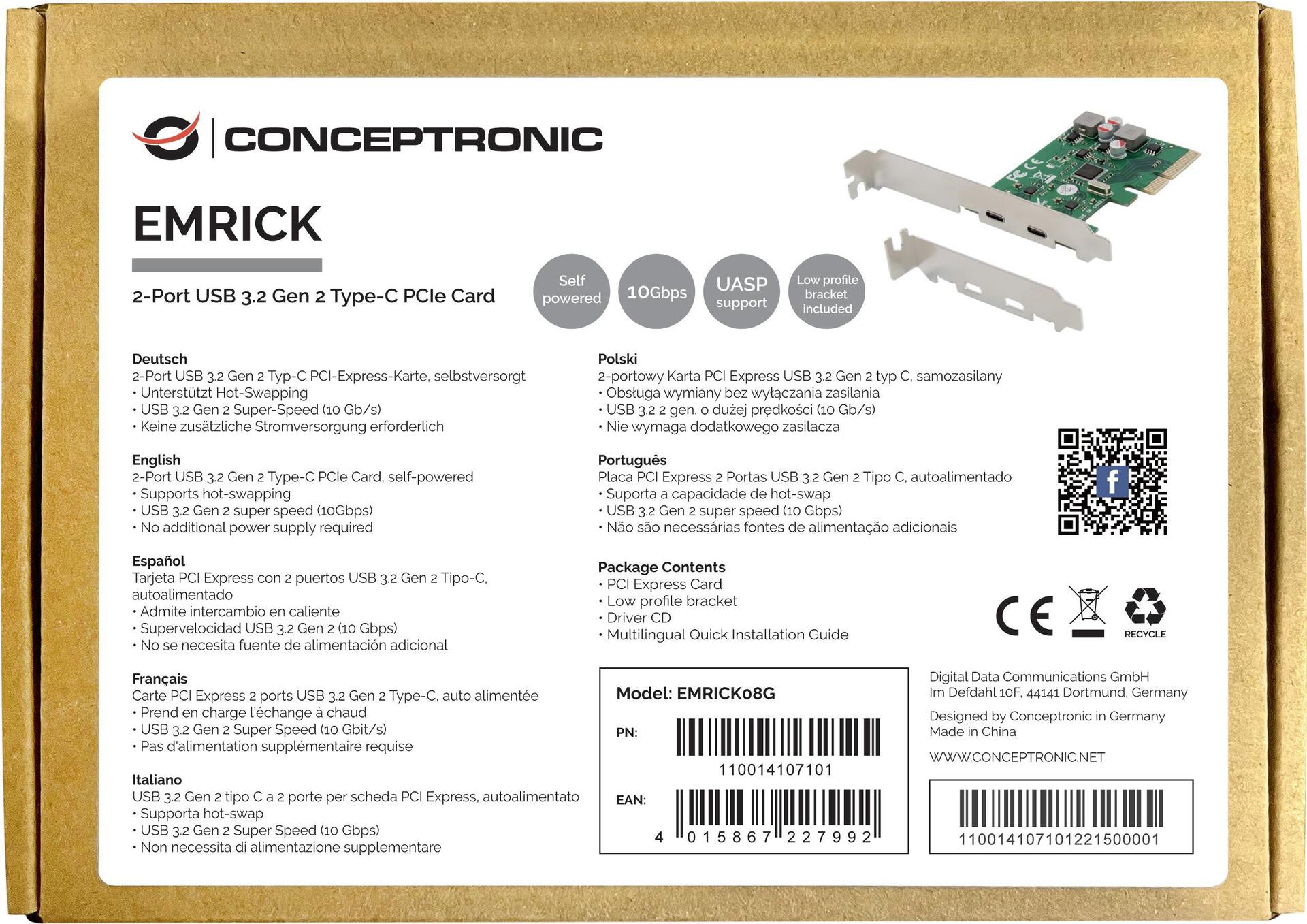 Conceptronic EMRICK 2-Port USB 3.2 Gen 2 Typ-C PCI-Express-Karte - selbstversorgt (EMRICK08G)