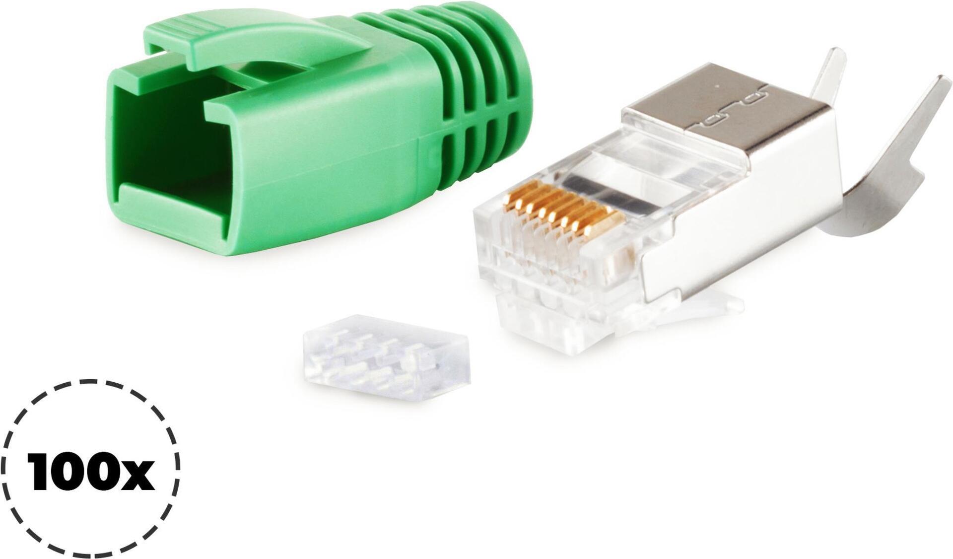 shiverpeaks ®-BASIC-S--Netzwerk Modular Stecker RJ45 SET für Verlegekabel bis AWG 23, Stecker mit Zugentlastung, Einführhilfe und Tülle, grün VE 100 (BS72067-100G)