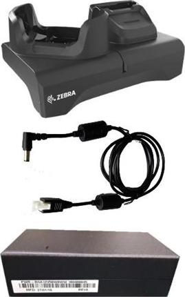 ZEBRA KIT - Single-slot and spare battery charging cradle kit for TC53 / TC58, TC53e / TC58e / TC53e-RFID devices without a rugged boot, Includes power supply (PWR-BGA12V50W0WW), DC cable (CBL-DC-388A1-01), and a black shim (SHIM-CRD-TC5-BLK), (CRD-NGTC5N-2SC1B)