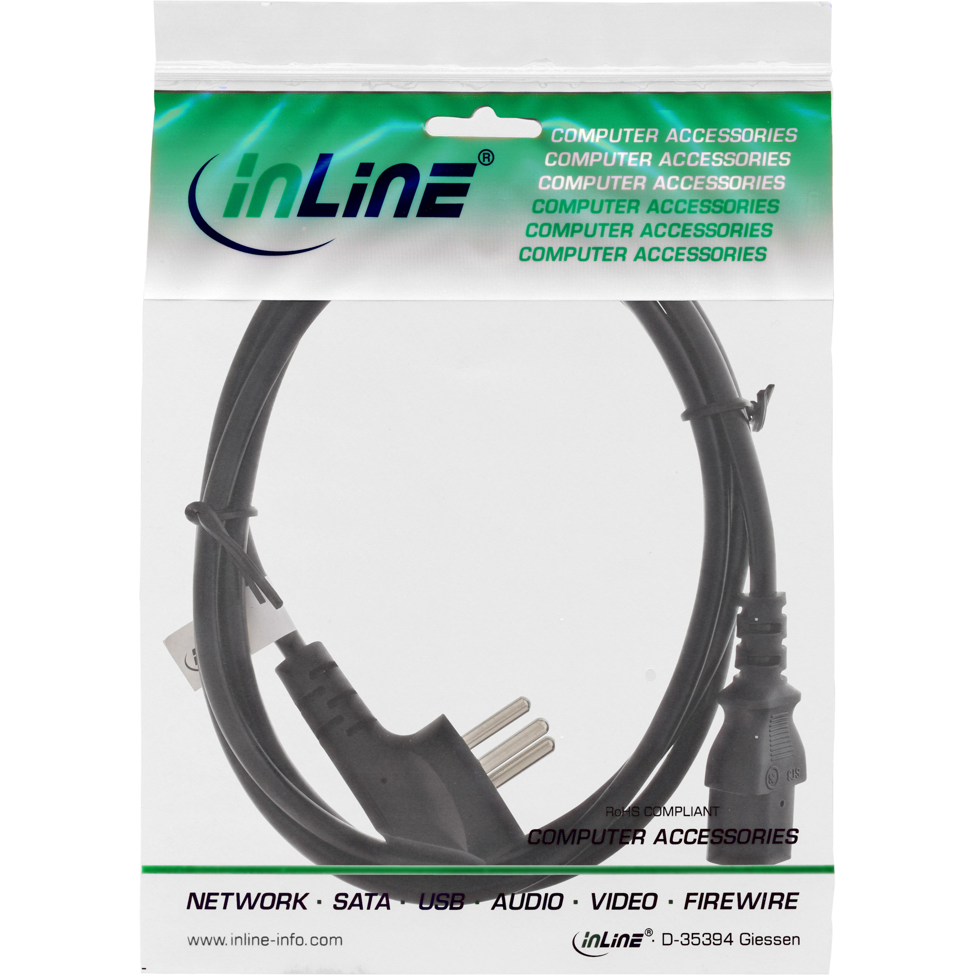 InLine Netzkabel SI 32 zu IEC C13 90°-Stecker 1,8 m Schwarz