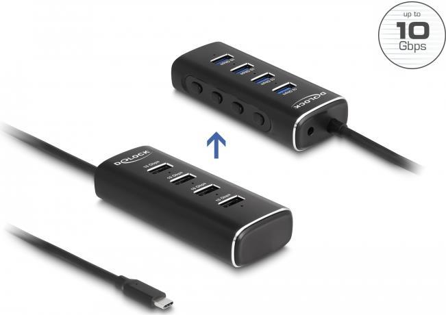 DeLOCK 4 Port USB 10 Gbps Hub mit USB Type-C™ Anschluss 60 cm Kabel und Schalter für jeden Port (64233)