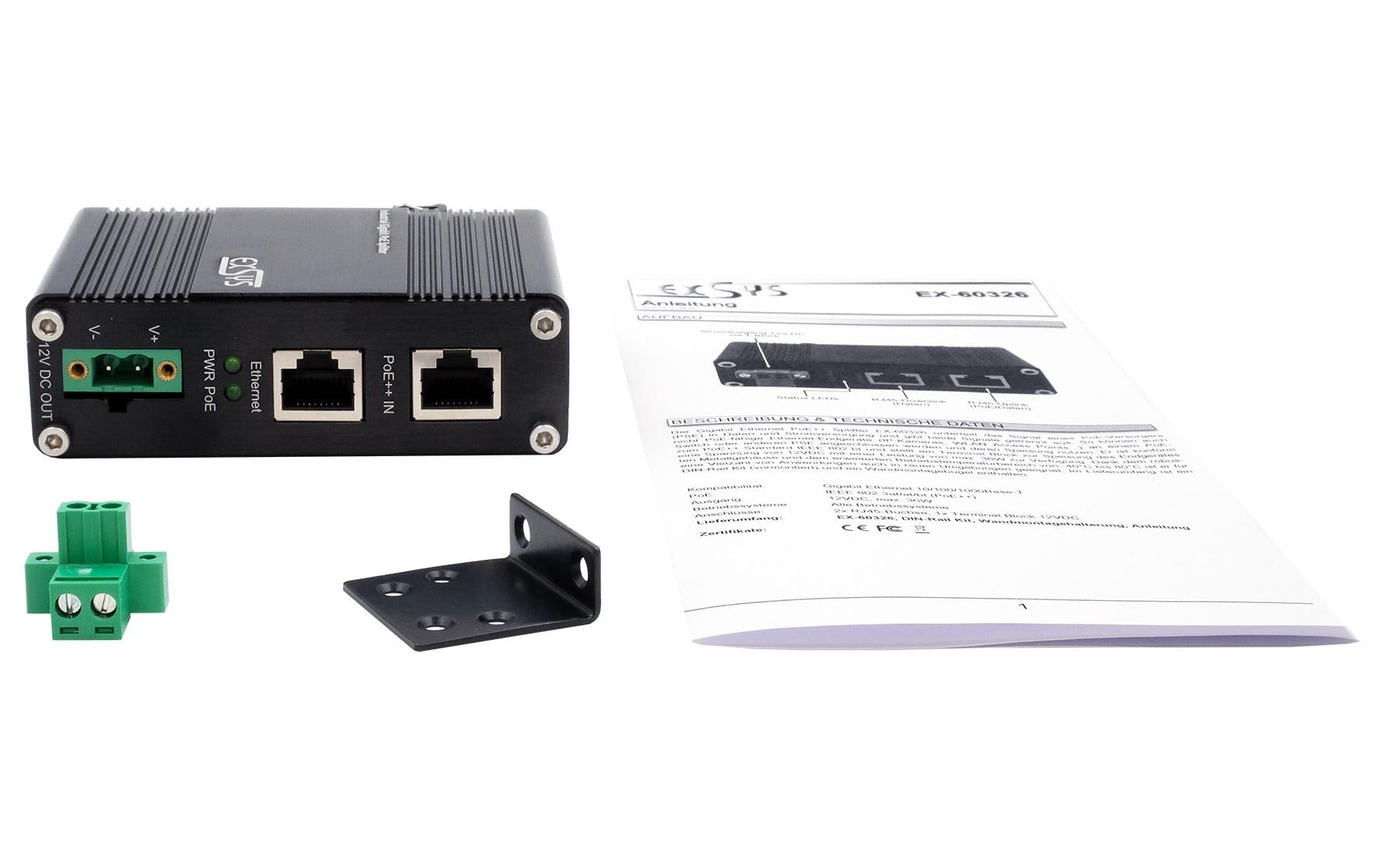Exsys EX-60326 Industrie PoE++ Splitter, 802.3at, 12V DC/36W, 1 Gbps