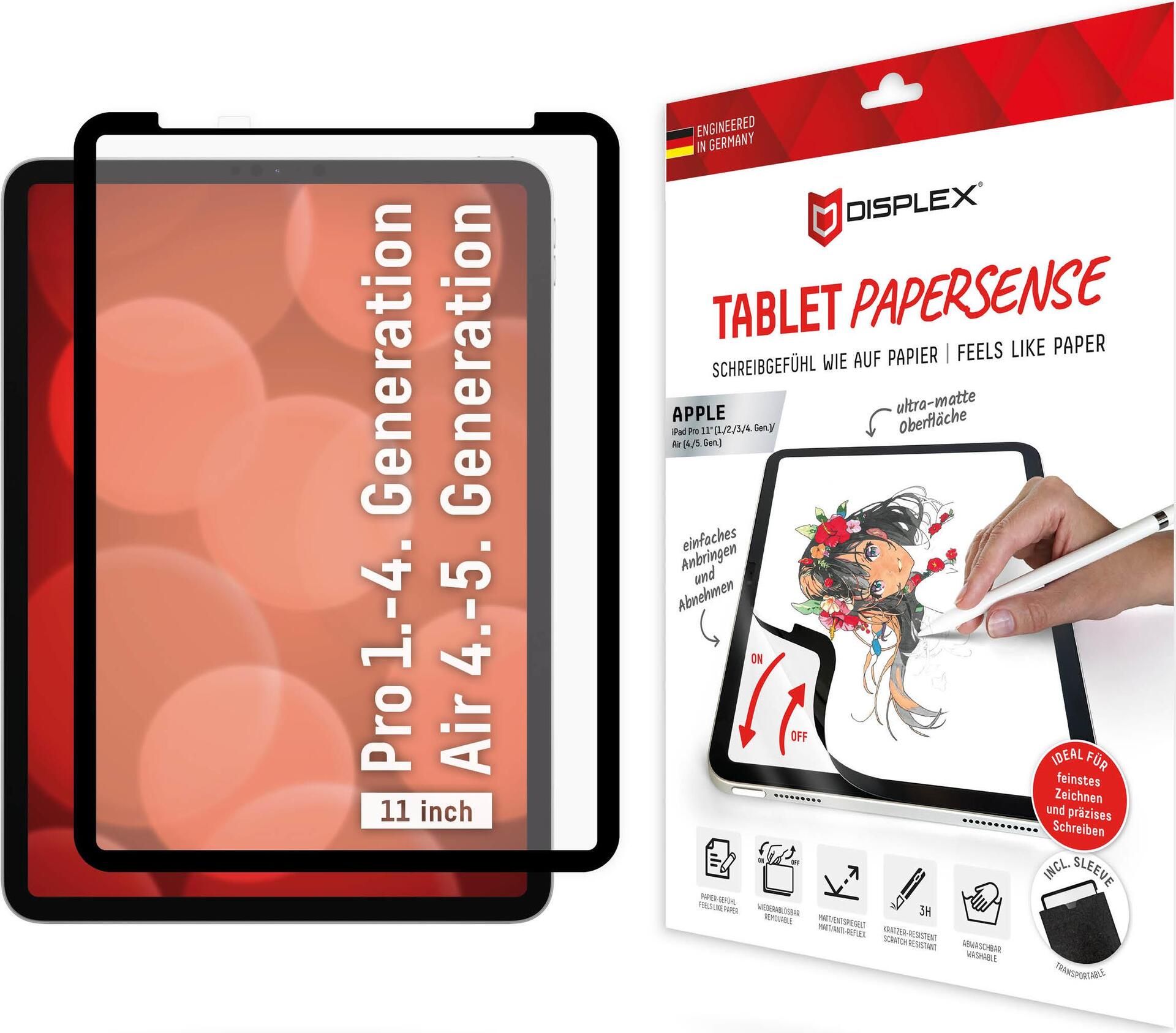 Displex TABLET PAPERSENSE für iPad Pro 11'' (1./2./3./4. Gen.)/Air (4./5. Gen.) - wiederablösbare Schreibfolie und Zeichenfolie mit Paper Feeling (01888)