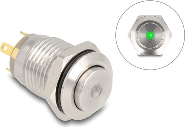 Delock Drucktaster zum Einbau 12 mm 4 x Lötanschluss LED grüner Punkt (20982)