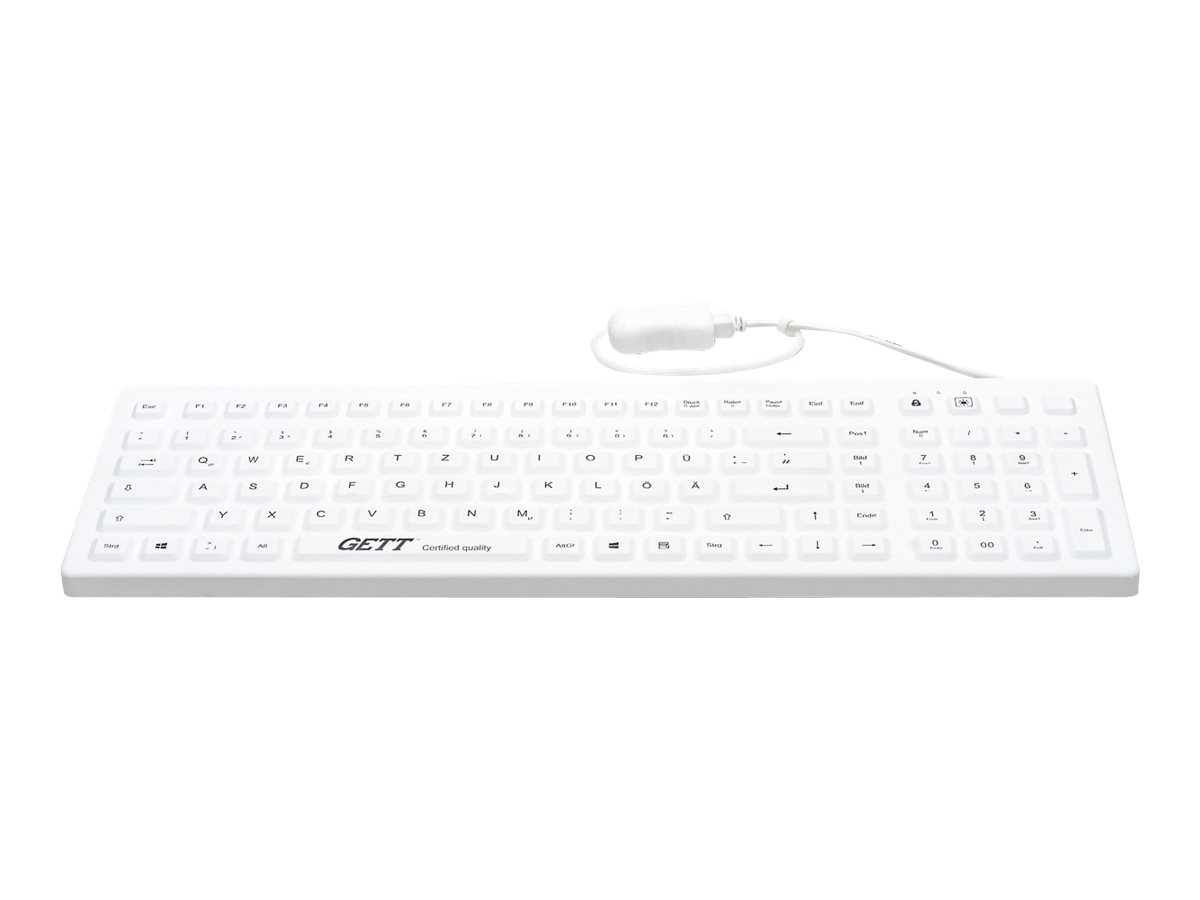 GETT CleanType Prime Pro+ Silikon-Tastatur USB IP68 Beleuchtet 110 Tasten Deutsch Weiß