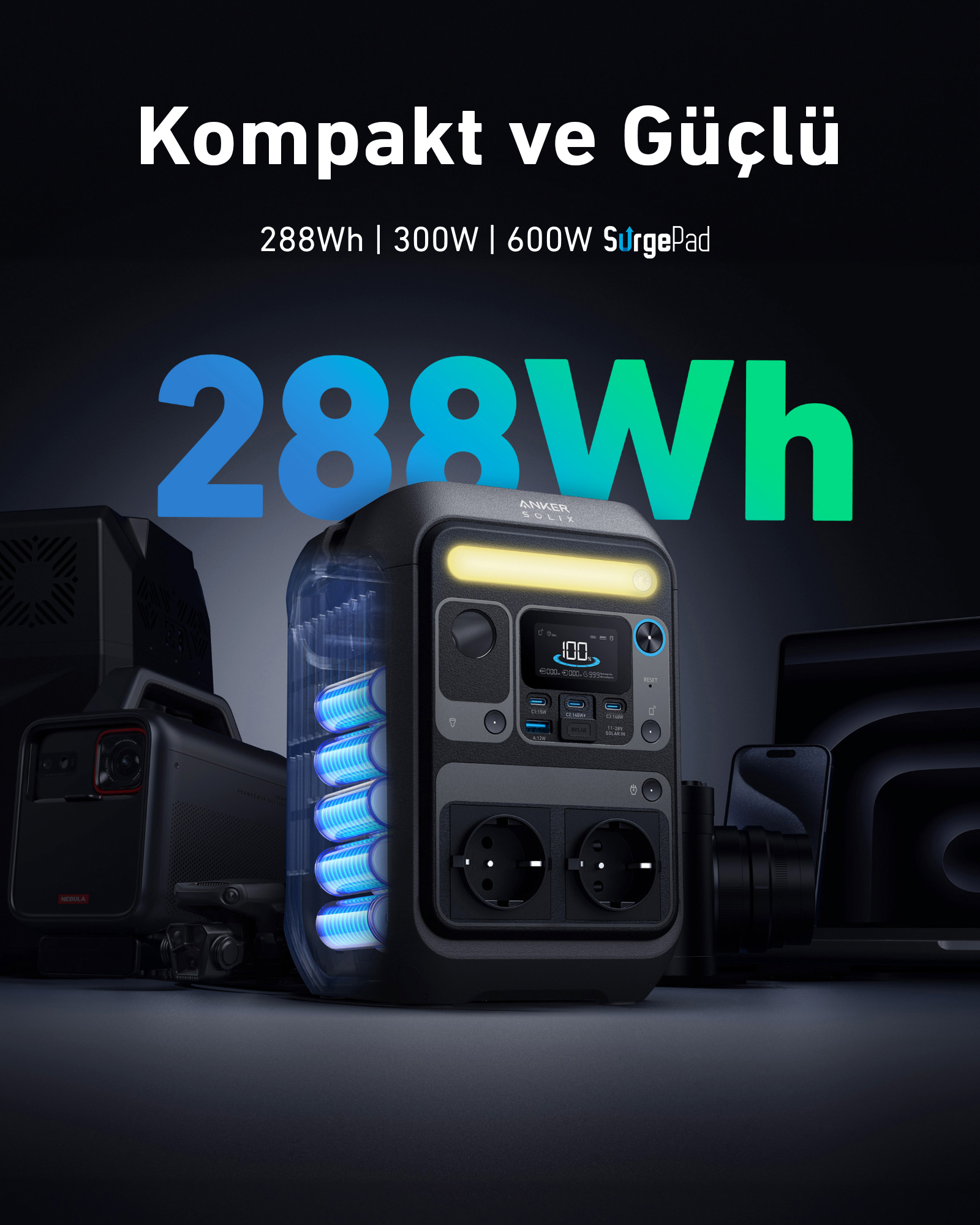 Anker SOLIX C300X Tragbare Powerstation 288 Wh 300 W Schwarz/Grau