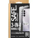 PanzerGlass SAFE. by ® 3-in-1 Schutz Set Samsung Galaxy New A54 5G. Markenkompatibilität: Samsung, Kompatibilität: Samsung - Galaxy new A54 5G. Trockene Anwendung. Schutzfunktion: Kratzresistent, Schockresistent. Material: Polyethylenterephthalat, Gehärtetes Glas, Produktfarbe: Transparent. Menge pro Packung: 1 Stück(e) (BSAFE95691)