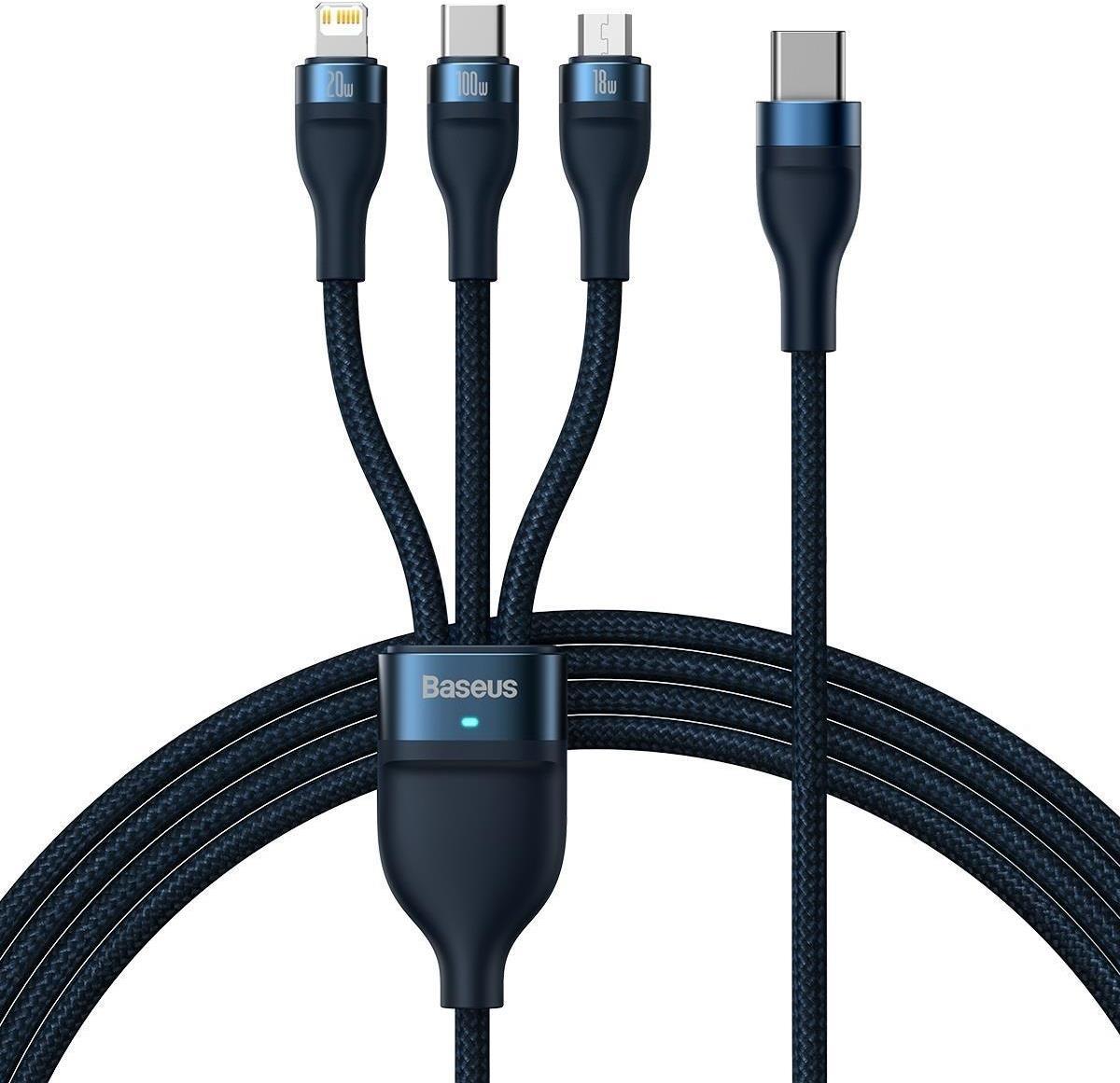 Baseus Flash Series 2 Drei-in-Eins-Kabel USB-C + Micro-USB + Lightning blau 100 W, 1,5 m (CASS030203)