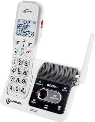 Geemarc 595 U.L.E Schnurloses Telefon analog Anrufbeantworter, Wahlwiederholung, Freisprechen Beleuchtetes Display Weiß (DECT595ULE_WH_VDE)