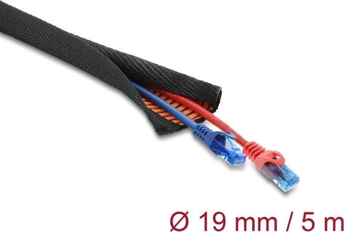 Delock Kabelschutzschlauch mit orangener Verschleißanzeige selbstschließend doppellagig 5 m x 19 mm schwarz (19023)