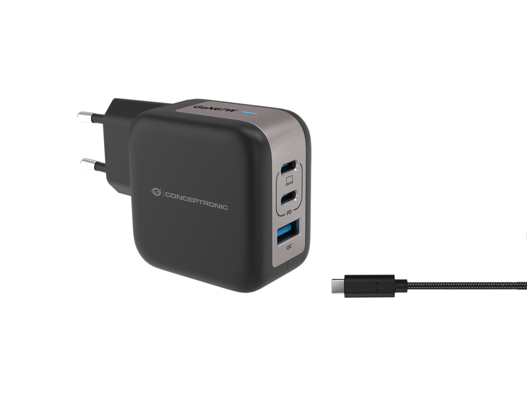 Conceptronic ALTHEA17B GaN Schnellladegerät 67W 2x USB-C 1x USB-A Schwarz
