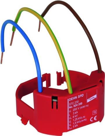 DEHN STC 230. AC-Steckertypen: Terminal, AC Eingangsfrequenz: 50/60, Spitzenstrom-Normales Modus: 5000 A. Kabellänge: 0,12 m. Produktfarbe: Rot. Gewicht: 34 g, Breite: 54 mm, Tiefe: 54 mm. Material: Thermoplast (924350)