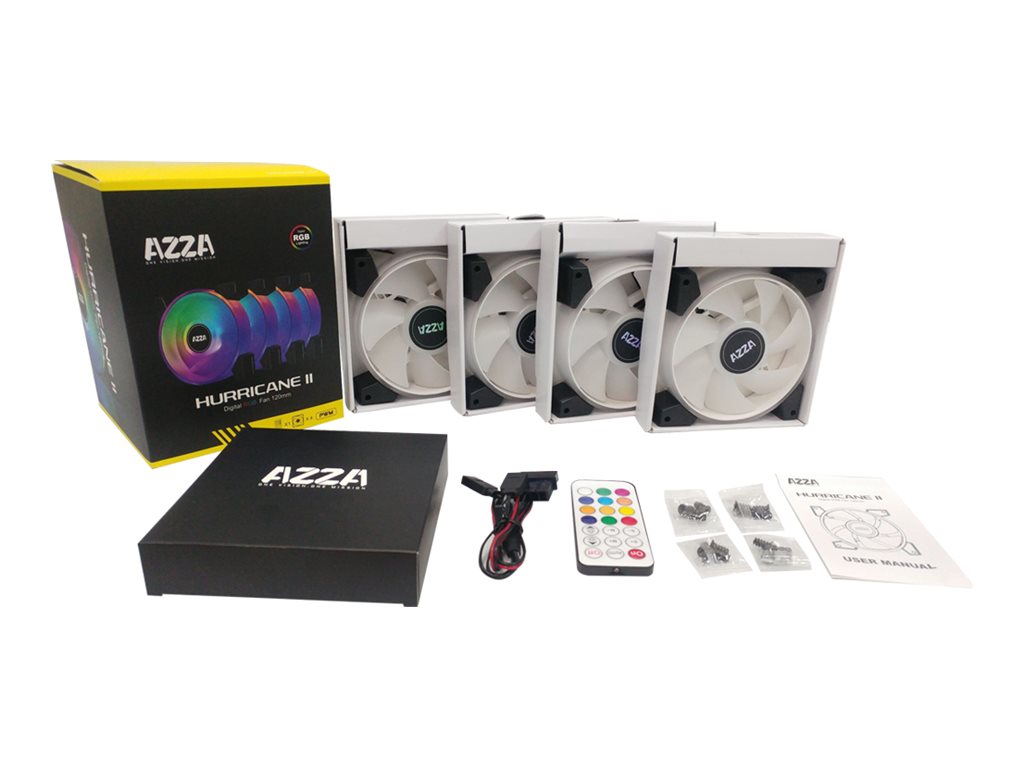 AZZA Hurricane II Gehäuselüfter 120 mm 4er-Set ARGB Schwarz, Weiß