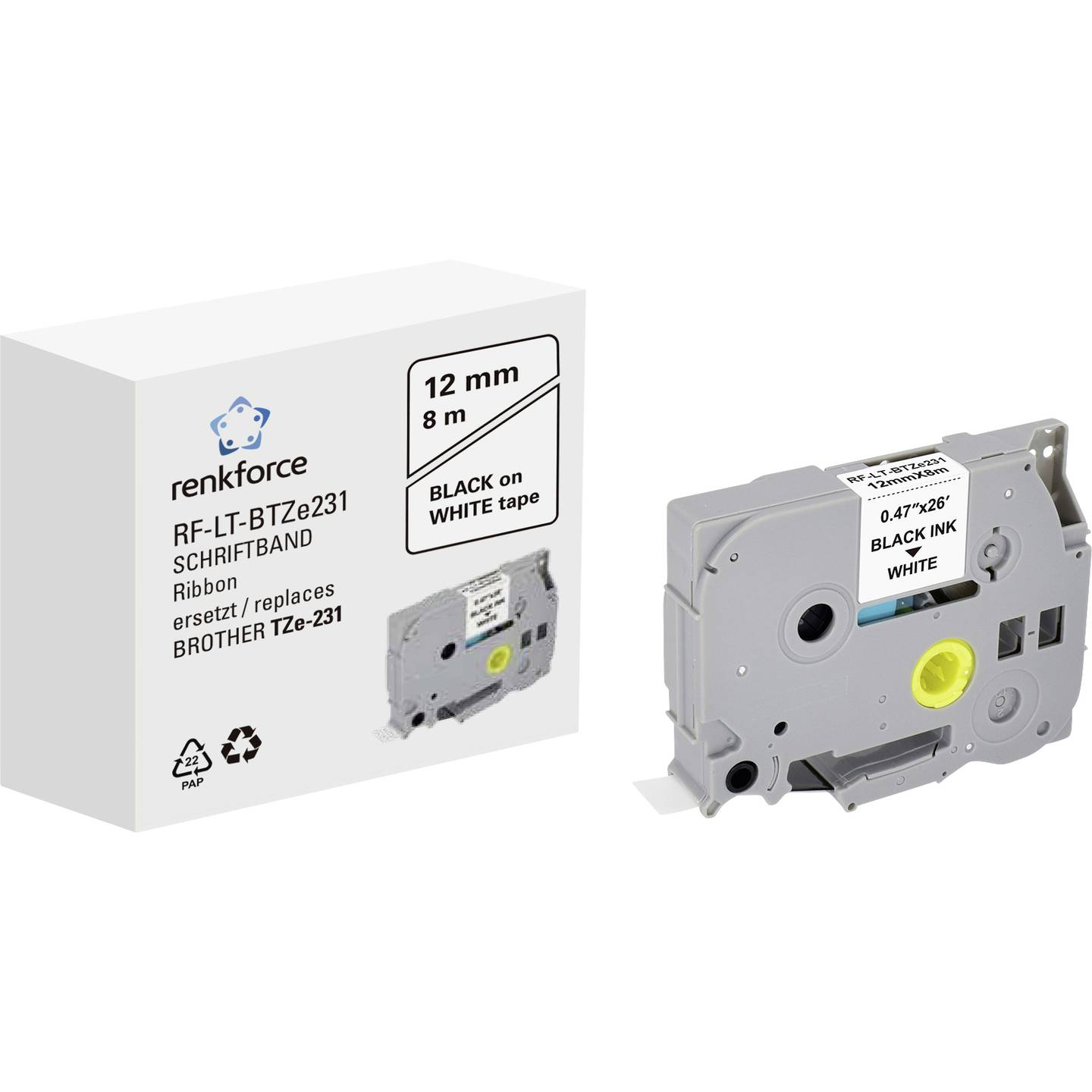 Renkforce Schriftband RF-LT-BTZe231 Kompatibel für Brother TZe-231 12 mm Schwarz auf Weiß
