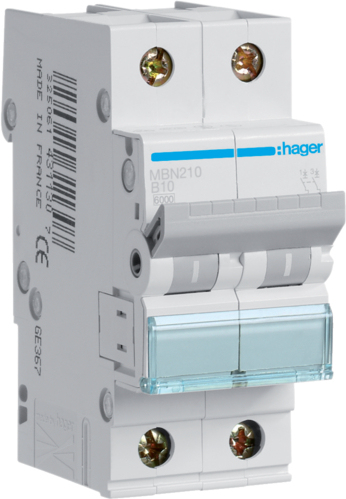 Hager MBN210. Anzahl der Pole: 2P. AC Eingangsfrequenz: 50/60 Hz, Nominale Stromabgabe: 10 A (MBN210)