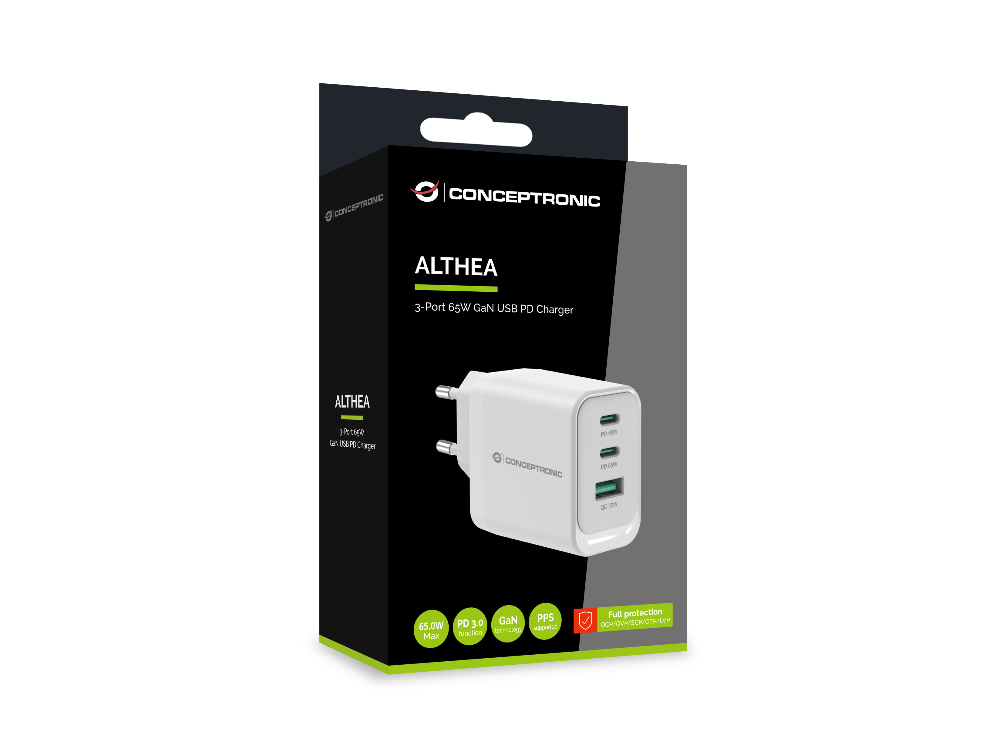 Conceptronic ALTHEA21W65 3-Port 65W GaN Ladegerät 2x USB-C 1x USB-A Weiß