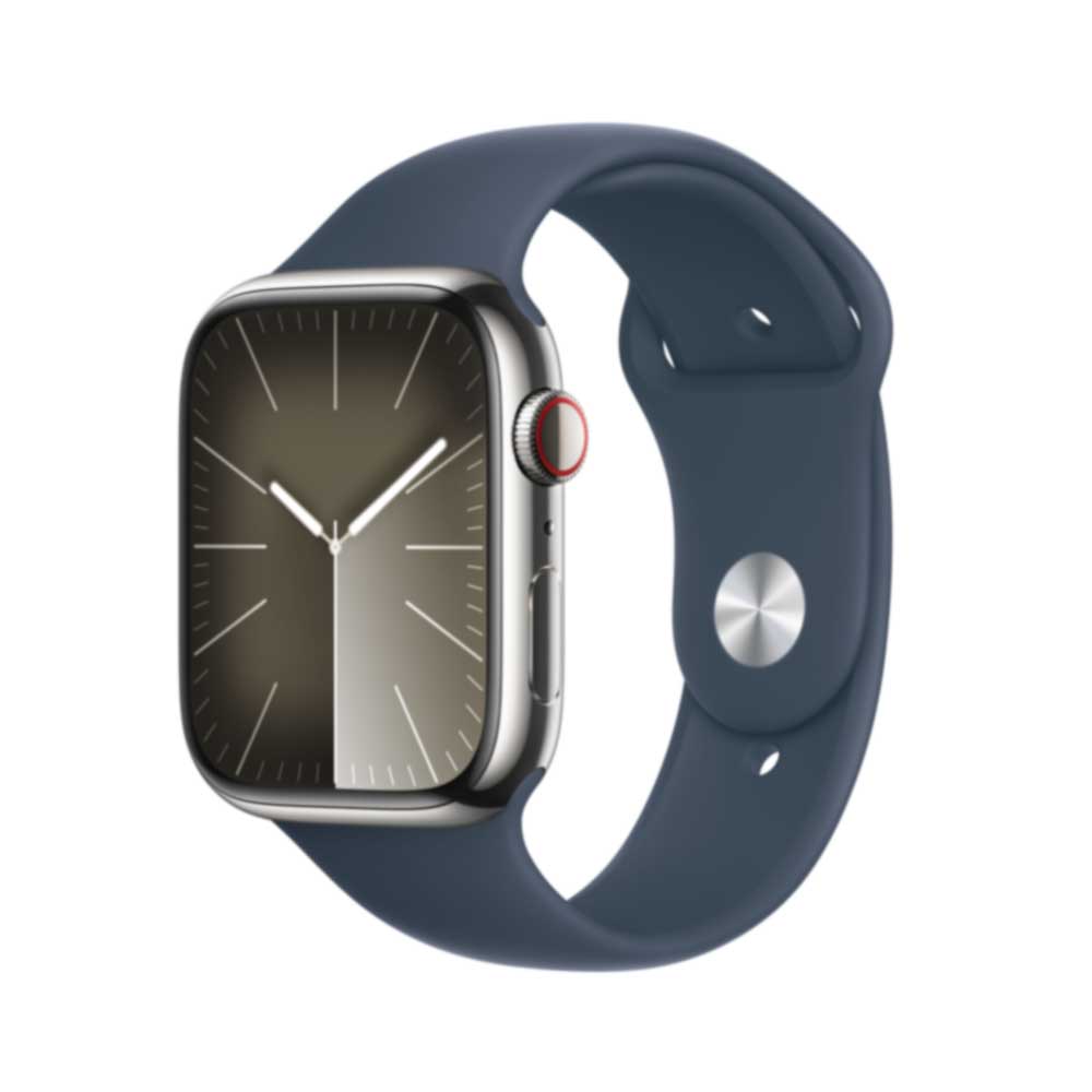 APPLE Watch Series 9 GPS + Cellular 45mm Silver Stainless Steel Case with Storm Blue Sport Band - S/M (MRMN3QF/A)