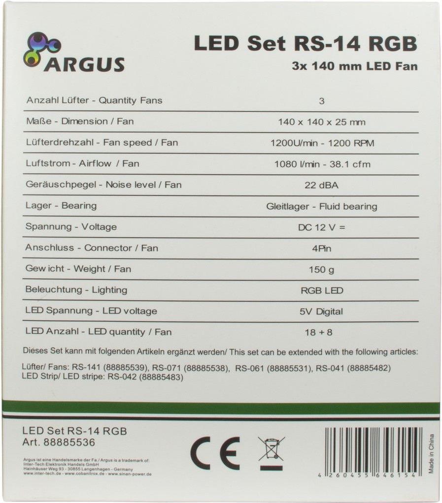 Inter-Tech Argus RGB-Fan Set RS-14 Computergehäuse Ventilator 14 cm Schwarz (88885536)