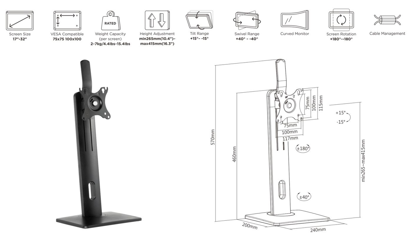 Gearlab eSTUFF GLB226004 Monitor-Ständer 17"–32" 7 kg VESA 75x75/100x100 Schwarz