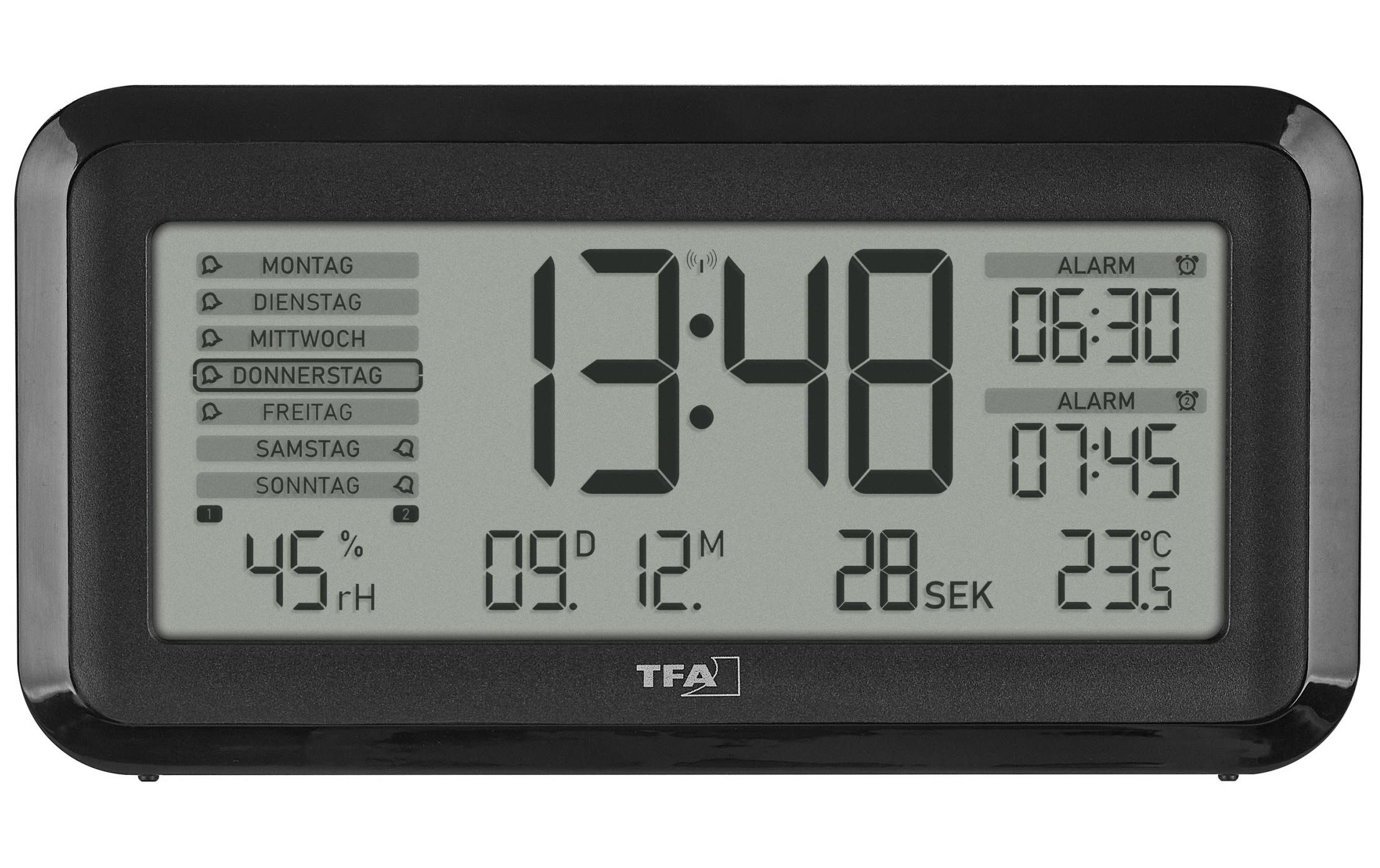 TFA Dostmann Boxx2 Funkwecker LED 2 Alarmzeiten Akkubetrieb Schwarz, Silber