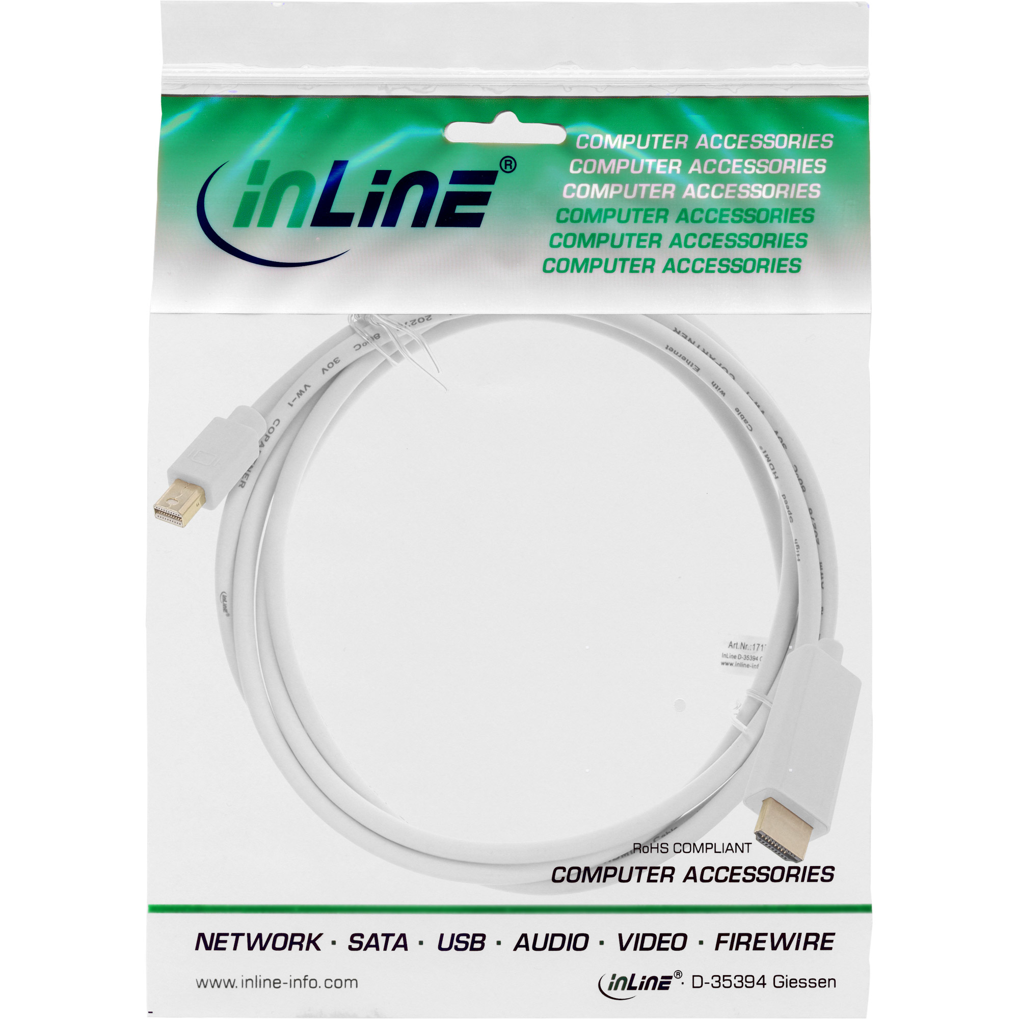 InLine Mini DisplayPort zu HDMI Konverter Kabel 3 m 4K2K mit Audio Weiß