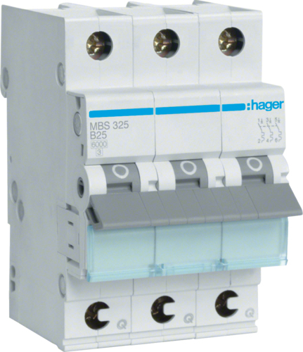 Hager MBS325. Nennstrom: 25 A, AC Eingangsfrequenz: 50/60 Hz. Typ: B-type, Module Menge (max): 3 Modul(e). Breite: 52,5 mm, Tiefe: 70 mm, Höhe: 83,4 mm (MBS325)