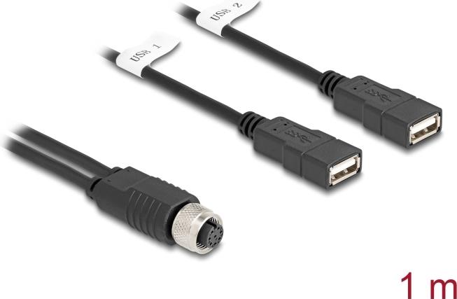 Delock M12 Kabel A-kodiert 8 Pin Buchse zu 2 x USB 2.0 Typ-A Buchse 1 m schwarz (60290)