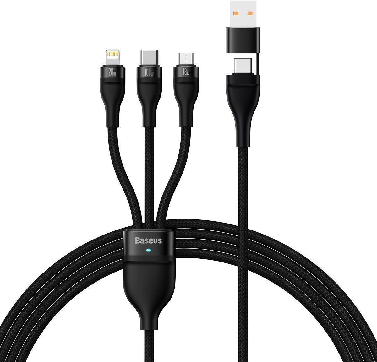 BBaseus USB/USB-C-Kabel 3v1 Flash Series 2, USB-C + Micro-USB + Lightning, 100 W, 1,2 m, schwarz (CASS030101)