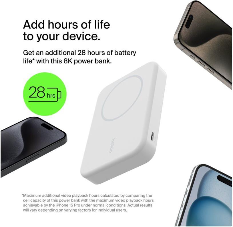 Belkin BoostCharge Pro Induktive Power Bank 8000 mAh 15 W Qi2 MagSafe Weiß