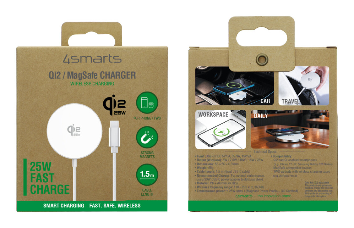 4smarts Kabelloses Ladegerät Qi2 MagSafe-kompatibel 25W 1,5m USB-C Weiß