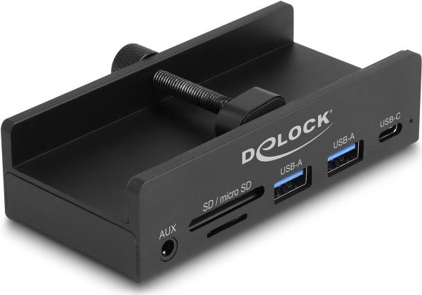 Delock Externer USB 5 Gbps 3 Port Hub 2 x USB Typ-A, 1 x USB Type-C™ und 2 Slot Card Reader mit Feststellschraube (64285)