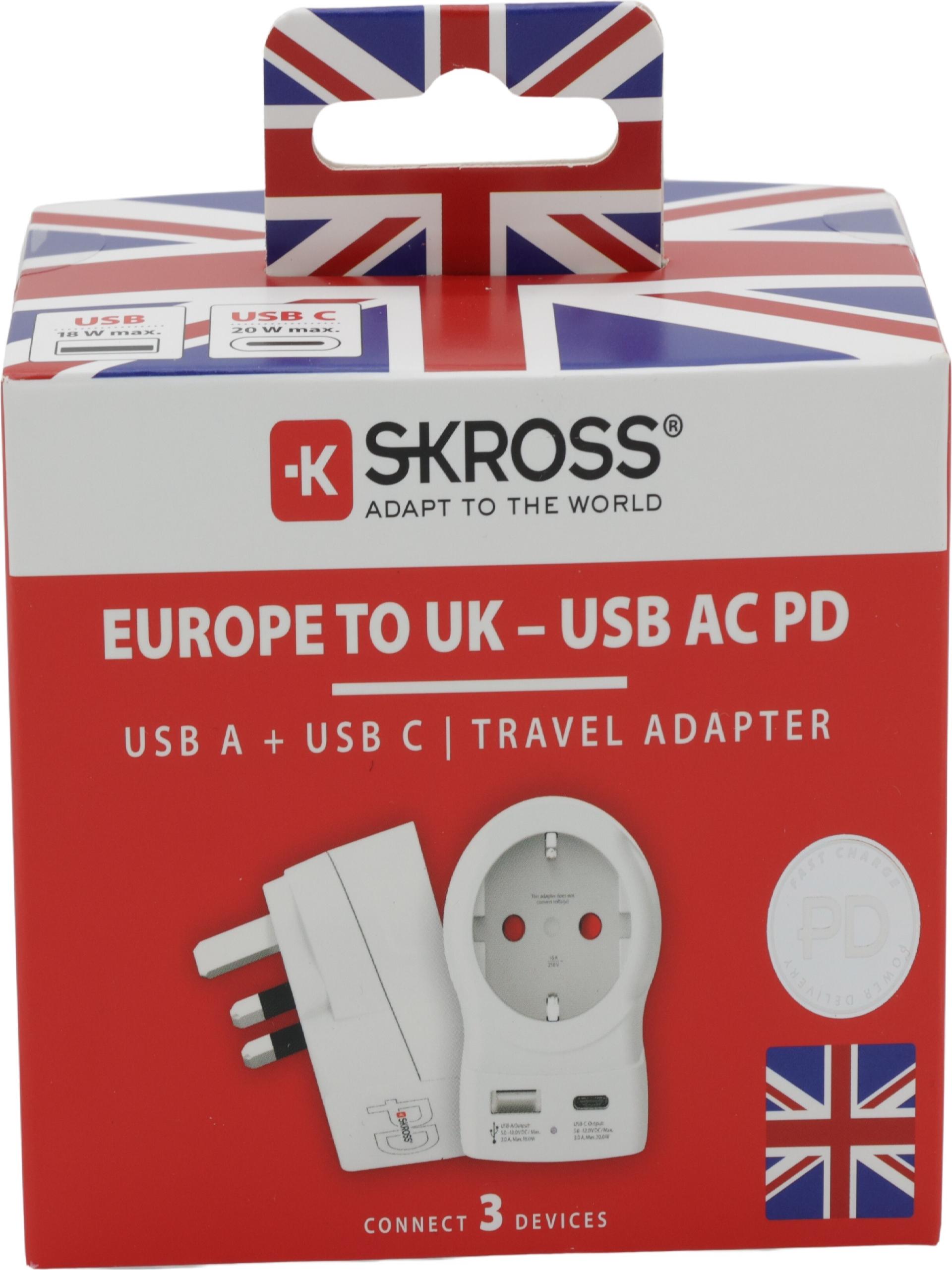 SKROSS Länderstecker Europe to UK USB AC20PD weiß (1.500283-E)