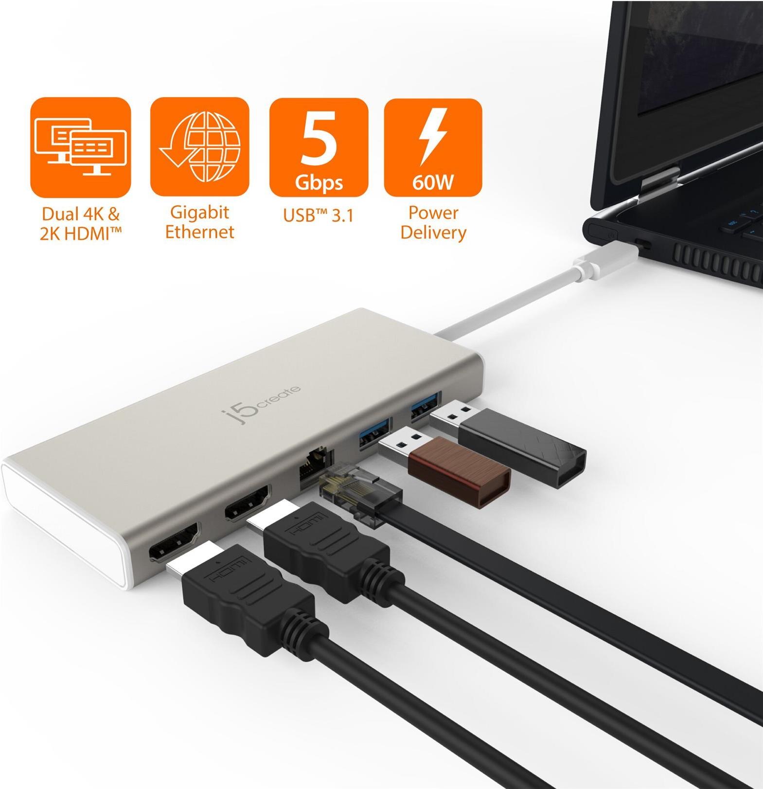 j5create JCD381-N USB-C Dual HDMI Mini Dock mit Gigabit Ethernet und USB Power Delivery, Aluminium, Beige/Weiß